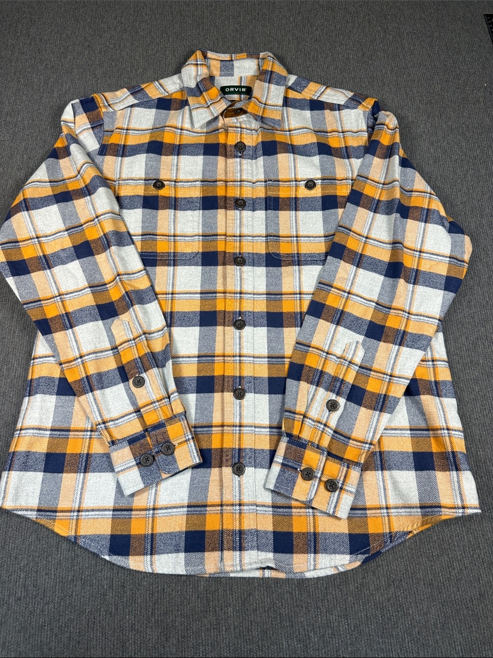 Orvis Perfect Flannel Long Sleeve Shirt Classic Fit Gray Orange Blue Plaid Med